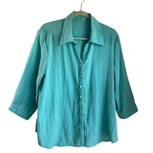 Fridaze XL Linen Turquoise Button Tunic Shirt 3/4 Sleeves Minimalist Coastal*Rea